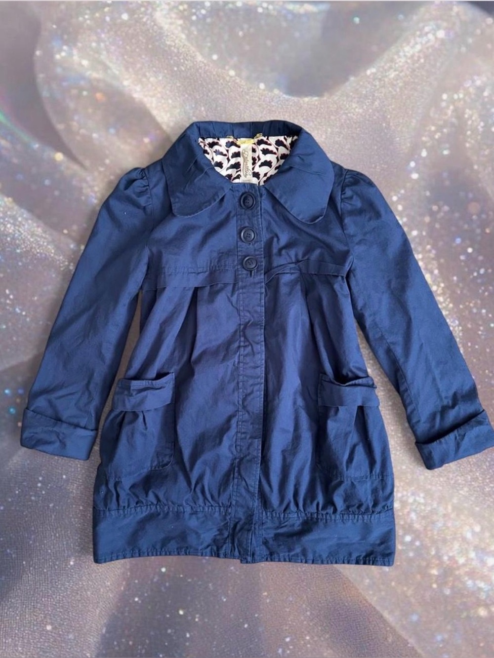 2010s Priorities Navy Trench Coat Coquette Twee Bubble Ruched Collar Feminine